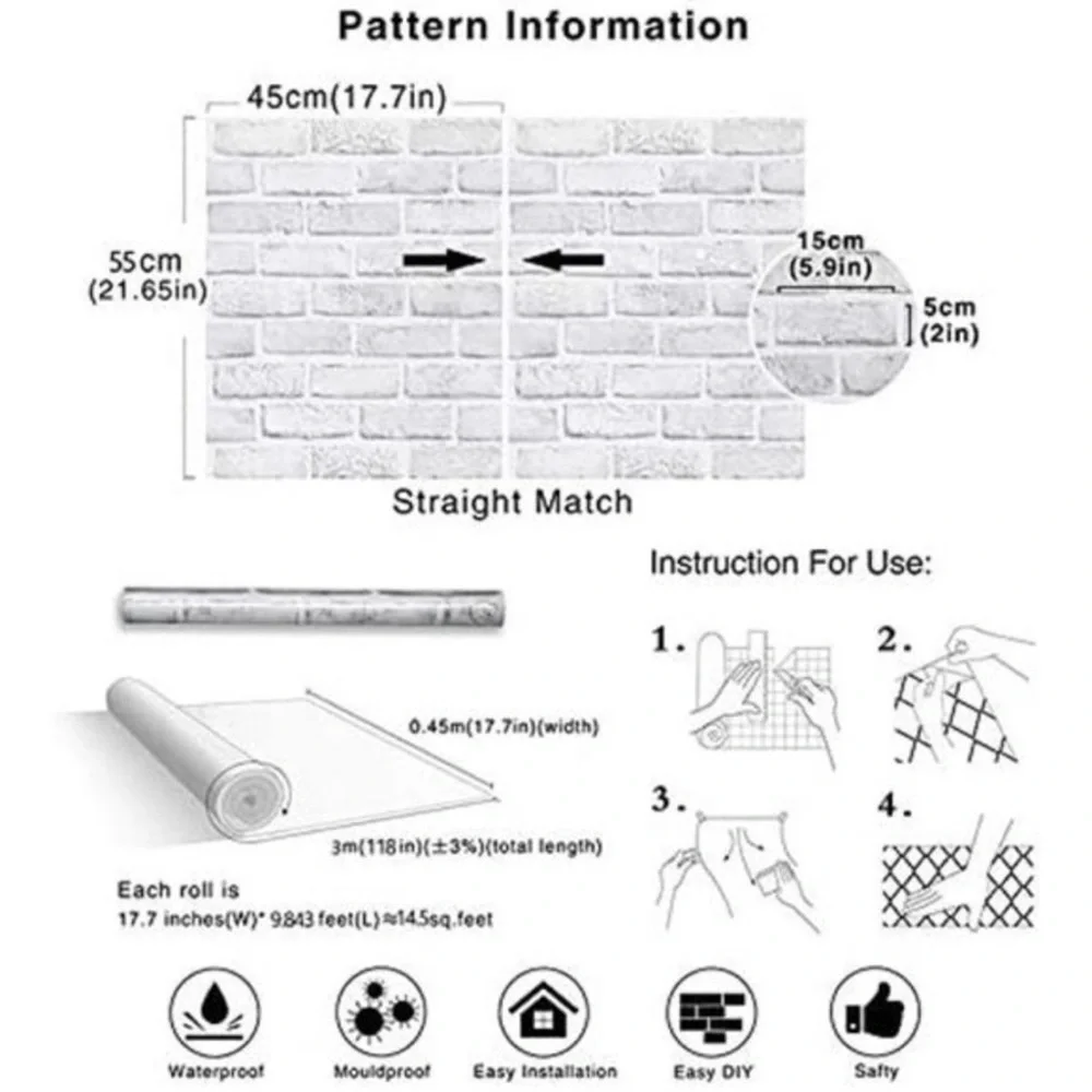 Home White Gray Peel and Stick Wallpaper Brick Contact Paper 120” ×18” Faux 3D B
